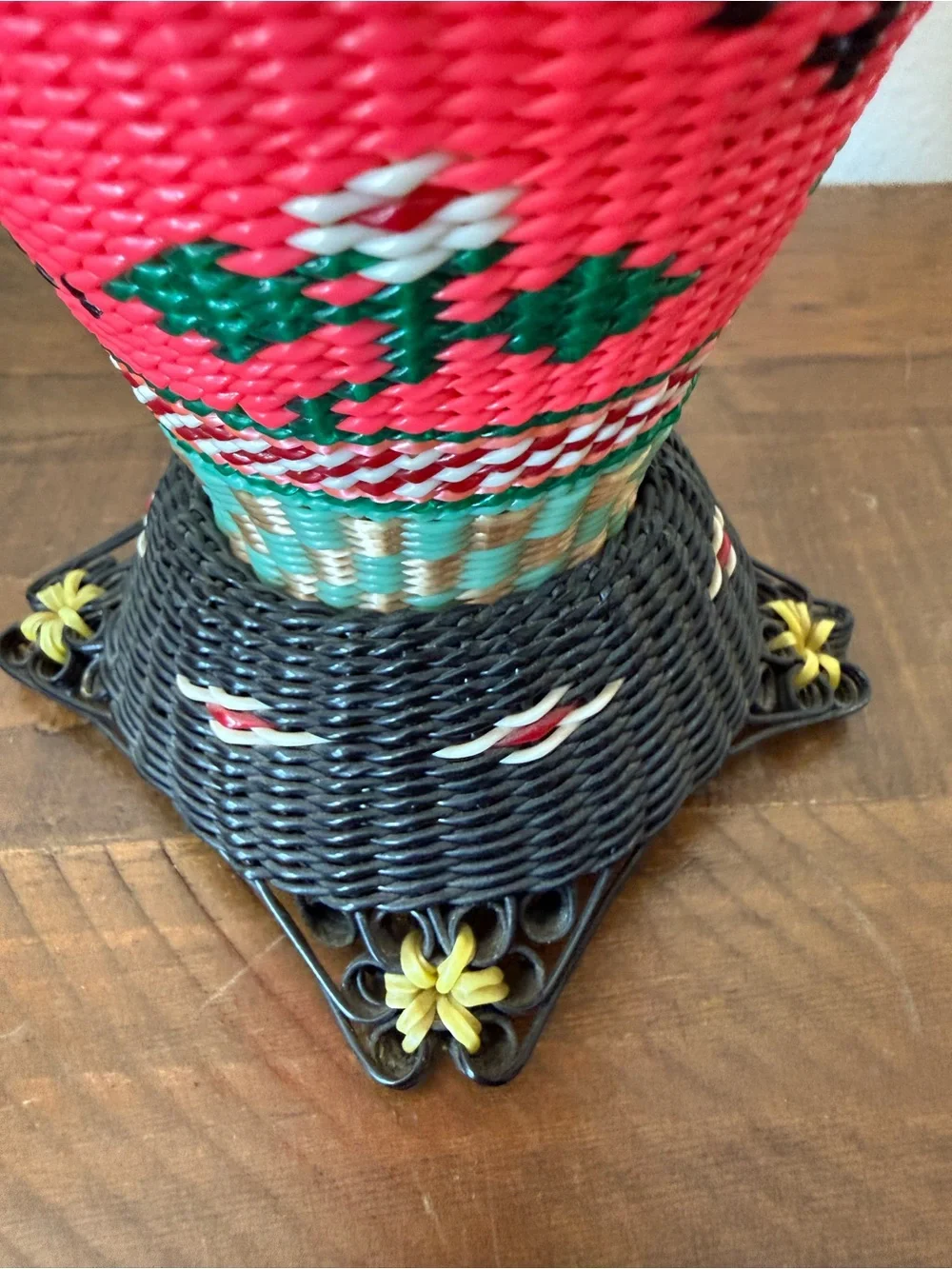 Vintage 1960s Chinese Scoubidou Woven Plastic Covered Glass Vase Bird 10” Kitsch